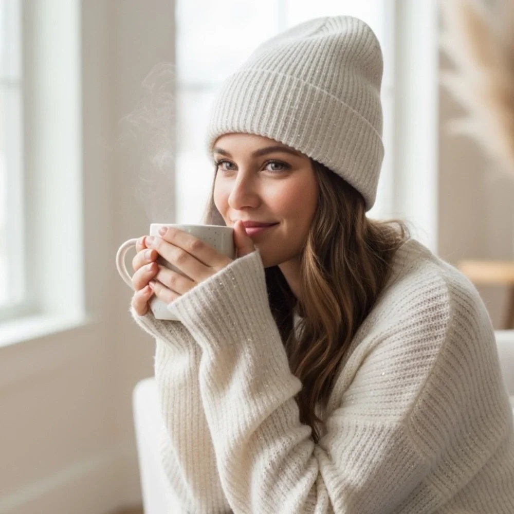 Hat Attack Metallic Sequin Sparkle‎ Beanie In Winter White Revolve Cozy Metallic